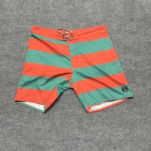 Captain Fin Board Shorts Mens 33 Orange Green Striped Swim Trunks Surf Nautical